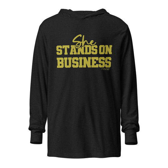 She Stands on Business Hooded long-sleeve tee (Gold)